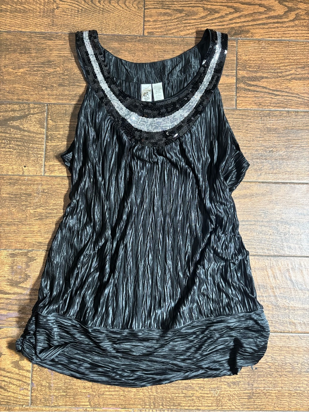 Vintage Black Sleeveless Tank with Silver Sequin Accent
